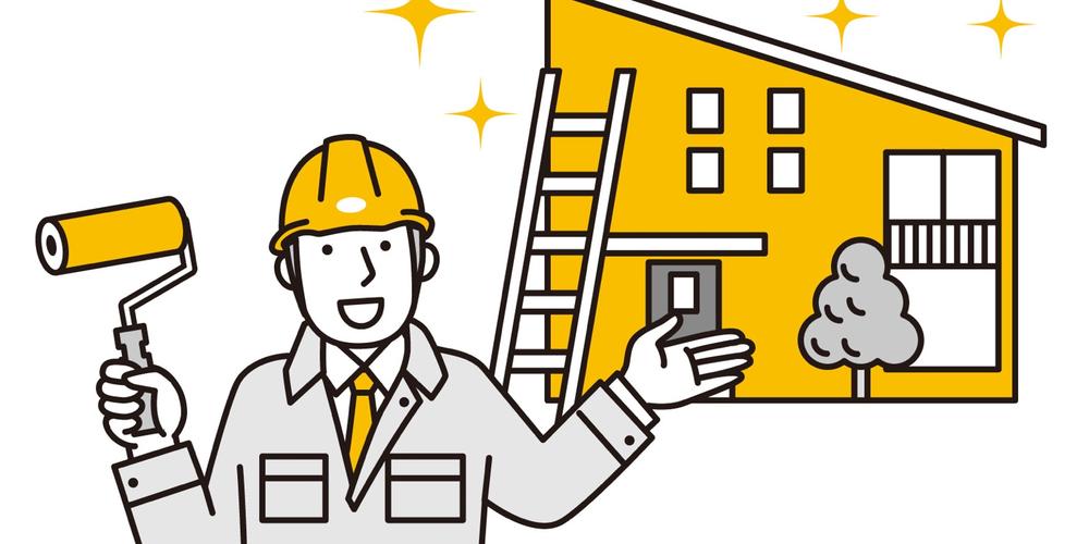 外壁塗装中の職人が家を指しながら笑顔でローラーを持っている
