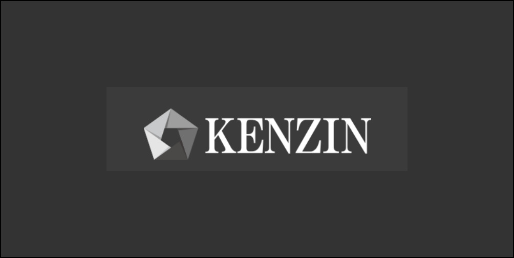 KENZINのロゴ、幾何学的なシンボルとクラシカルな白文字が映えるダークグレー背景