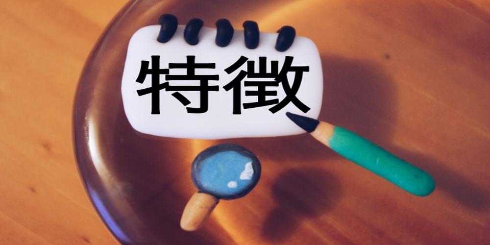 “特徴”の文字が書かれたミニチュア風のメモ帳と鉛筆、虫眼鏡