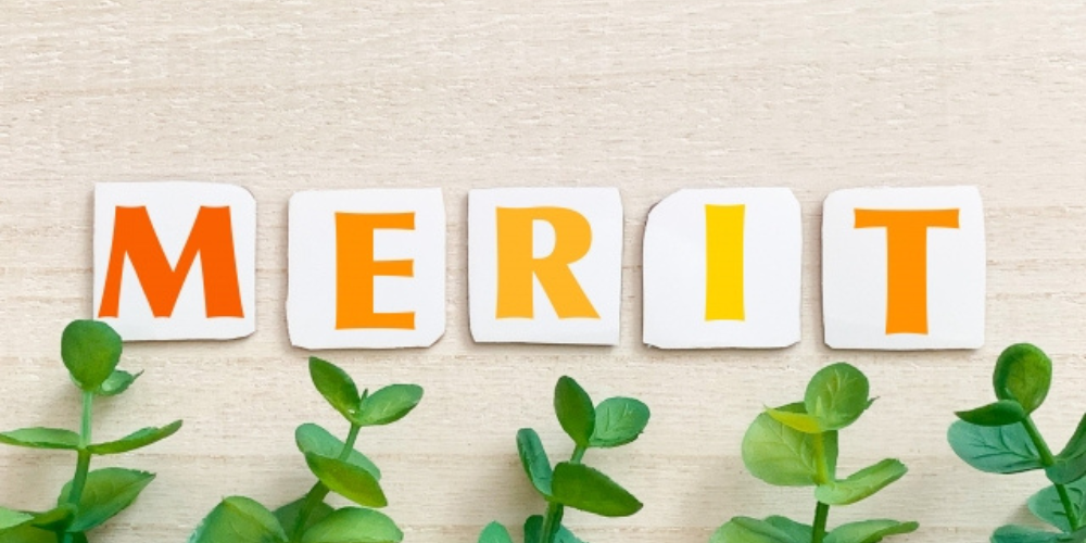 『MERIT』の文字と葉っぱの装飾が並ぶ明るい背景