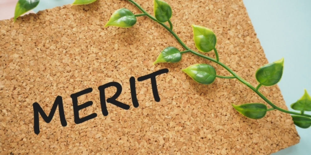 コルクボードと植物のツルに『MERIT』の文字