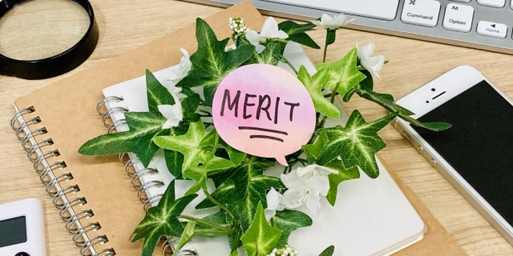ノートと観葉植物の上に置かれた「MERIT」のカードが目立つメリットのイメージ