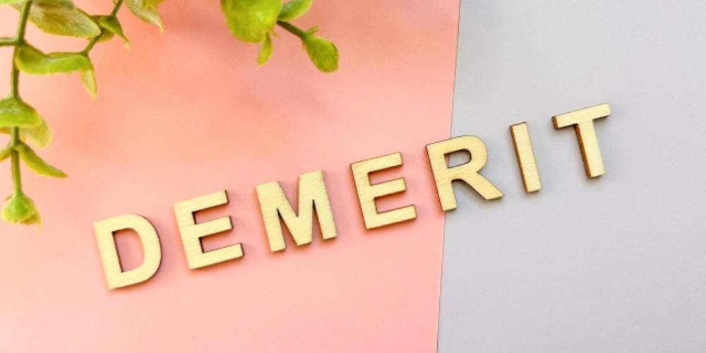 ピンクとグレーの背景に並ぶ『DEMERIT』の文字とグリーンの装飾