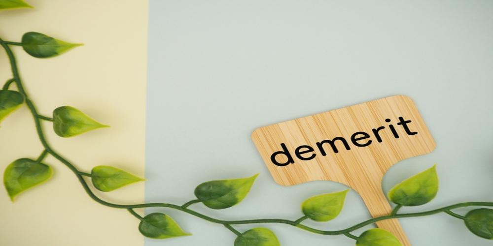 “demerit”と書かれた木製のプレートと葉の装飾