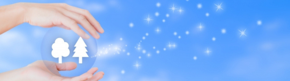 青空の下、両手に浮かぶ森のアイコンと光の粒が広がるイメージ