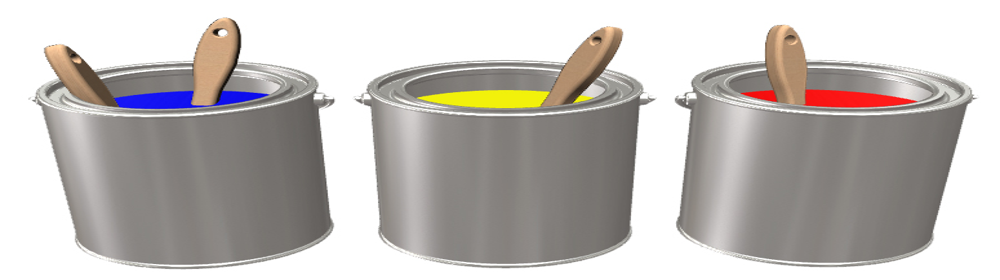 赤・青・黄の塗料が入ったペンキ缶と刷毛のイラスト。塗装作業やカラーバリエーションの象徴